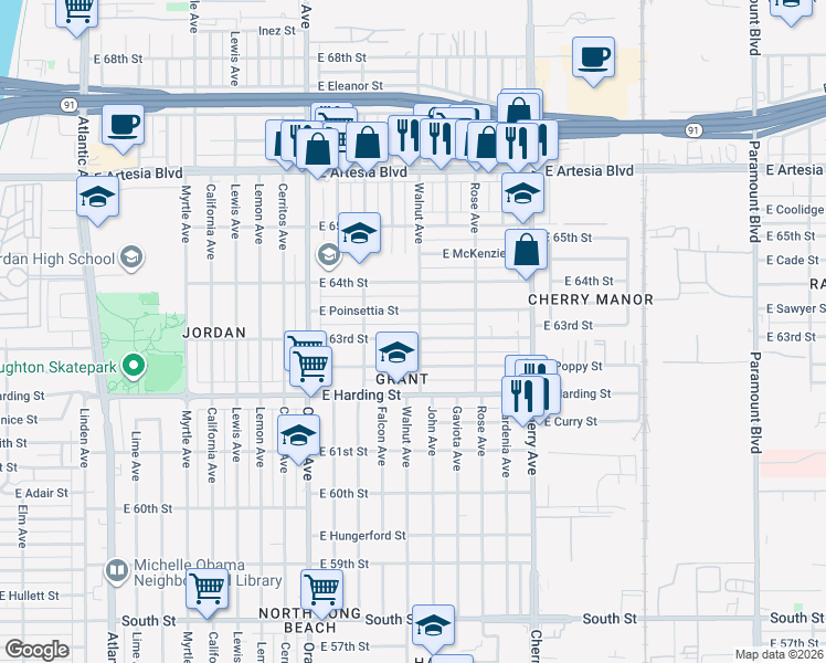 map of restaurants, bars, coffee shops, grocery stores, and more near 1600 East Poinsettia Street in Long Beach