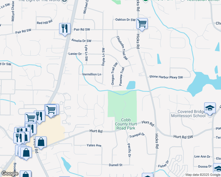 map of restaurants, bars, coffee shops, grocery stores, and more near 3440 Oregon Trail Southwest in Marietta
