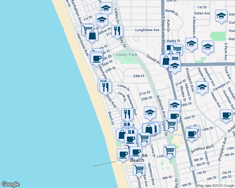 map of restaurants, bars, coffee shops, grocery stores, and more near 2141 Circle Drive in Hermosa Beach