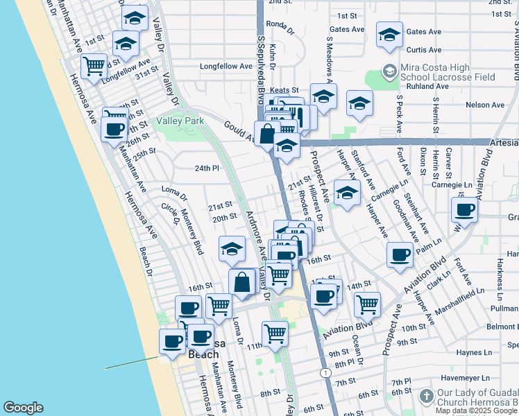 map of restaurants, bars, coffee shops, grocery stores, and more near 2015 Springfield Avenue in Hermosa Beach