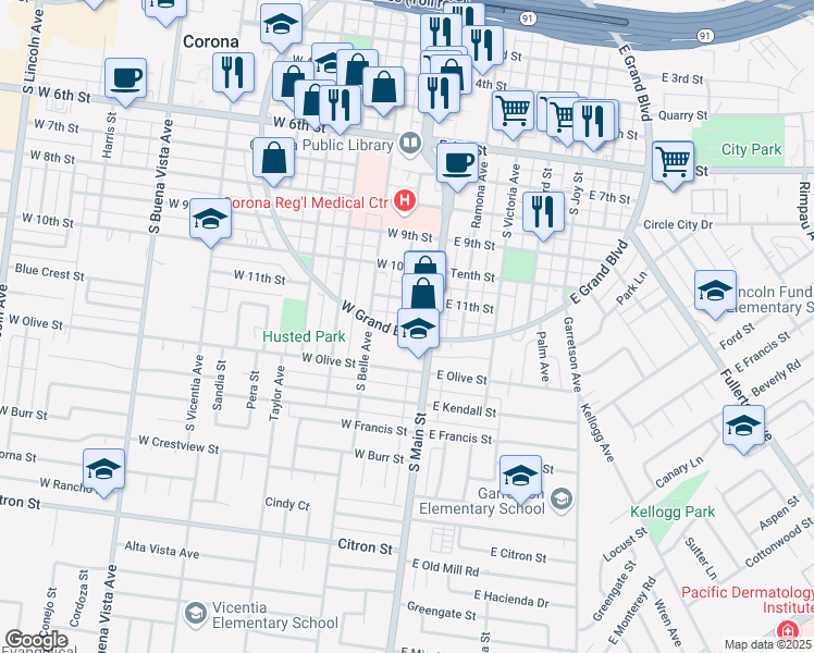 map of restaurants, bars, coffee shops, grocery stores, and more near 1110 South Washburn Avenue in Corona