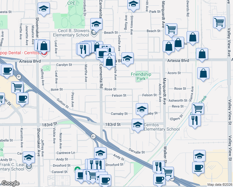 map of restaurants, bars, coffee shops, grocery stores, and more near 13459 Felson Street in Cerritos
