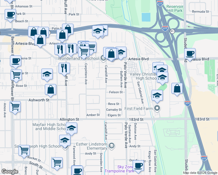 map of restaurants, bars, coffee shops, grocery stores, and more near 10508 Semora Street in Bellflower