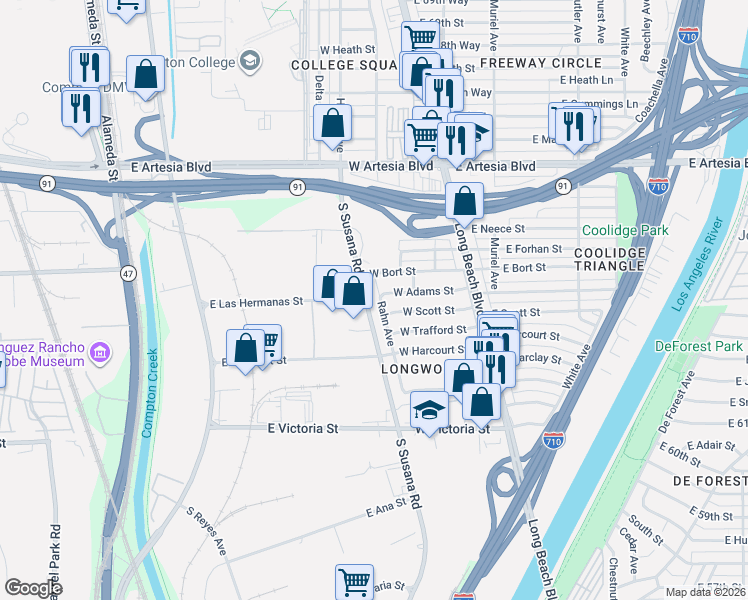map of restaurants, bars, coffee shops, grocery stores, and more near 6381 Rahn Avenue in Long Beach