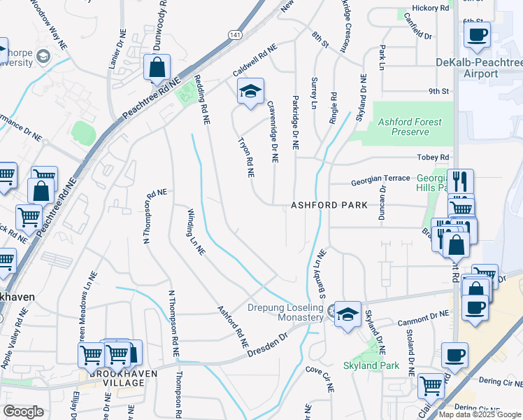 map of restaurants, bars, coffee shops, grocery stores, and more near 1655 Tryon Road Northeast in Atlanta