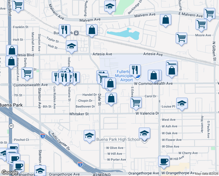 map of restaurants, bars, coffee shops, grocery stores, and more near 8550 Commonwealth Avenue in Buena Park