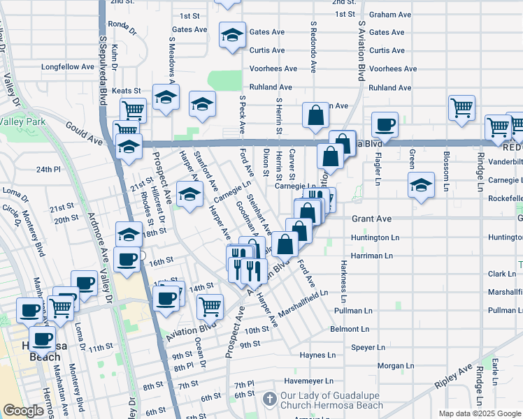 map of restaurants, bars, coffee shops, grocery stores, and more near 1606 Steinhart Avenue in Redondo Beach