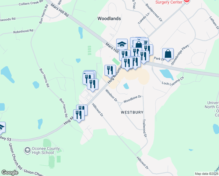 map of restaurants, bars, coffee shops, grocery stores, and more near 2281 Hog Mountain Road in Watkinsville