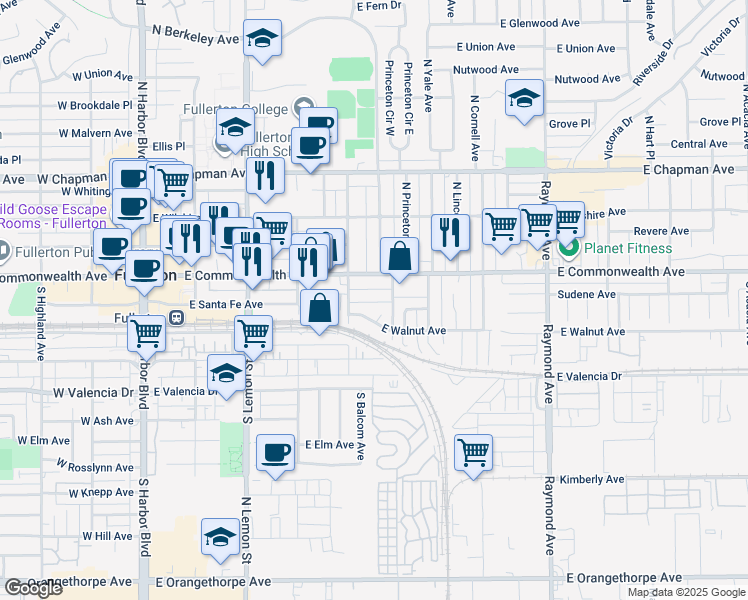map of restaurants, bars, coffee shops, grocery stores, and more near 110 South Balcom Avenue in Fullerton