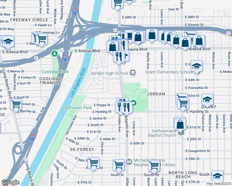 map of restaurants, bars, coffee shops, grocery stores, and more near 535 East Adams Street in Long Beach