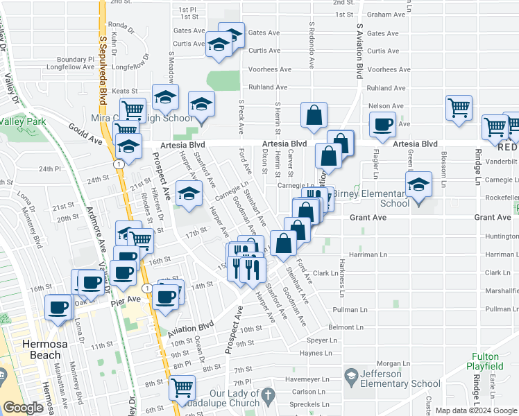 map of restaurants, bars, coffee shops, grocery stores, and more near 1606 Steinhart Avenue in Redondo Beach