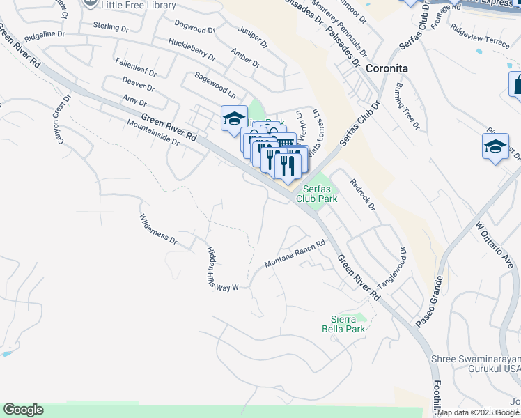 map of restaurants, bars, coffee shops, grocery stores, and more near 2758 Ridgeline Drive in Corona