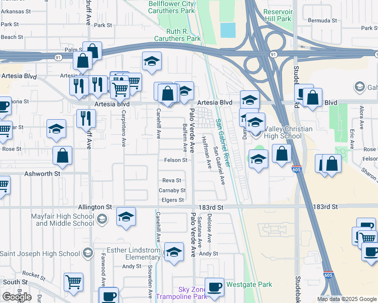map of restaurants, bars, coffee shops, grocery stores, and more near 17800 Palo Verde Avenue in Cerritos