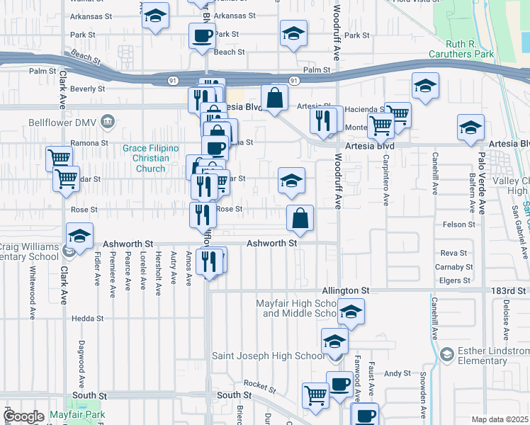 map of restaurants, bars, coffee shops, grocery stores, and more near 9928 Rose Street in Bellflower