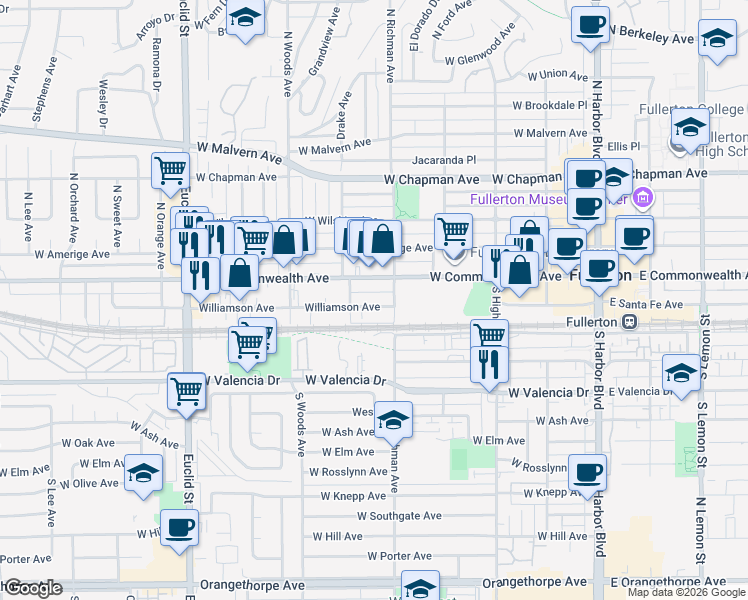 map of restaurants, bars, coffee shops, grocery stores, and more near 517 West Williamson Avenue in Fullerton