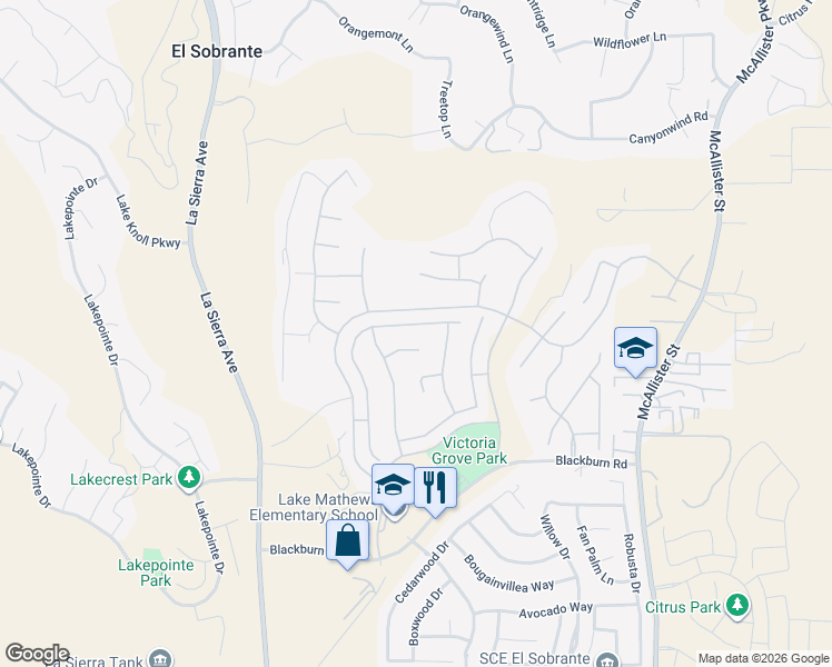 map of restaurants, bars, coffee shops, grocery stores, and more near 12342 Brianwood Drive in Riverside