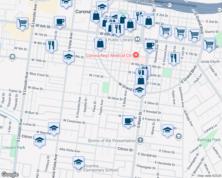 map of restaurants, bars, coffee shops, grocery stores, and more near 1110 South Sheridan Street in Corona