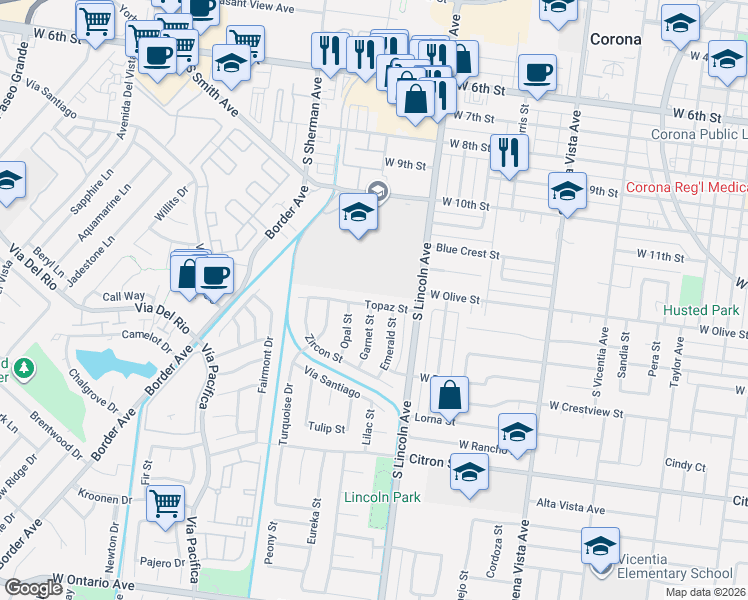 map of restaurants, bars, coffee shops, grocery stores, and more near 1137 Topaz Street in Corona