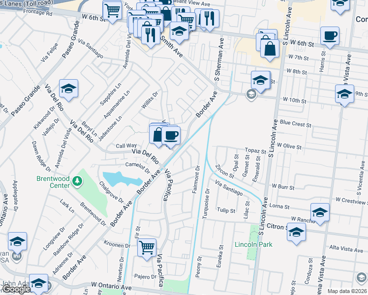 map of restaurants, bars, coffee shops, grocery stores, and more near 1186 Border Avenue in Corona