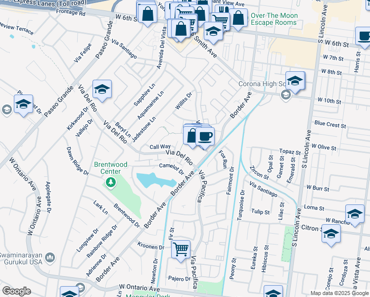 map of restaurants, bars, coffee shops, grocery stores, and more near 1213 Hampton Circle in Corona