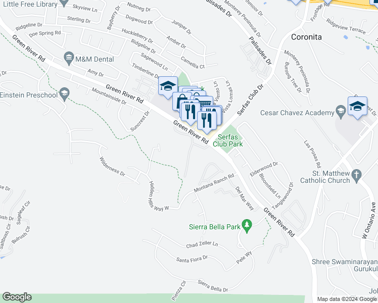 map of restaurants, bars, coffee shops, grocery stores, and more near 2758 Ridgeline Drive in Corona