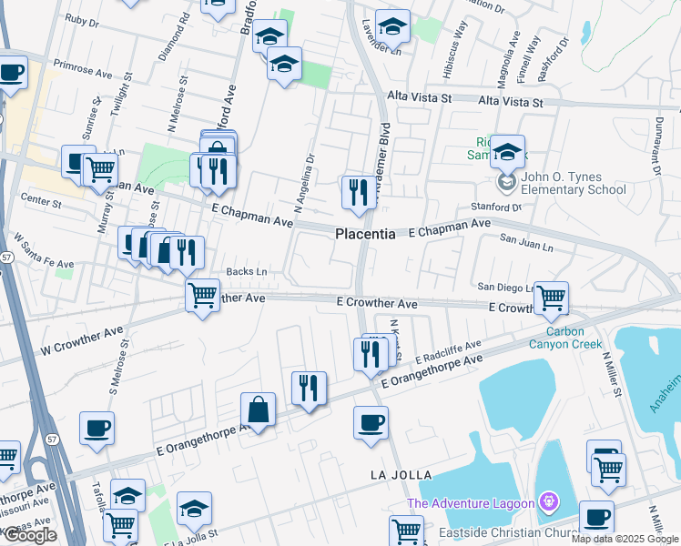map of restaurants, bars, coffee shops, grocery stores, and more near 362 Hawaii Way in Placentia