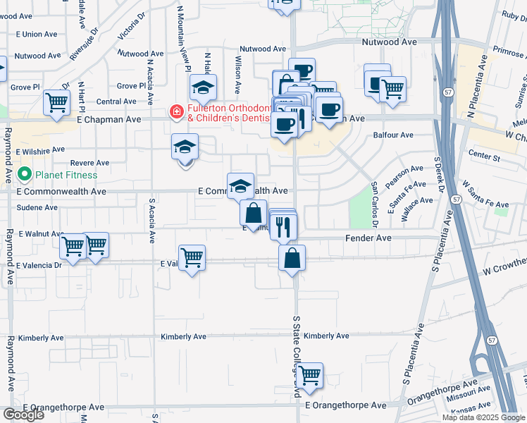 map of restaurants, bars, coffee shops, grocery stores, and more near 2300 East Commonwealth Avenue in Fullerton