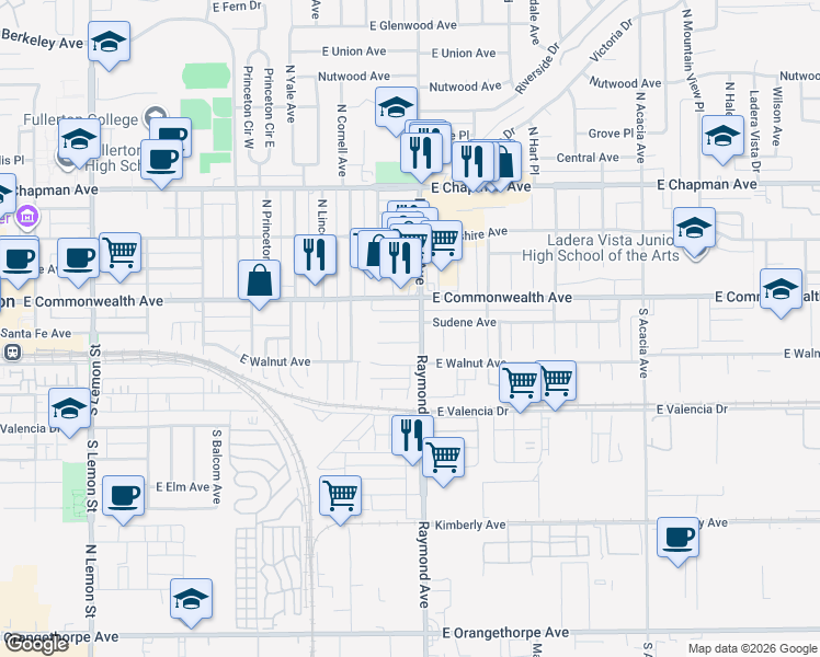 map of restaurants, bars, coffee shops, grocery stores, and more near 1123 Sudene Avenue in Fullerton