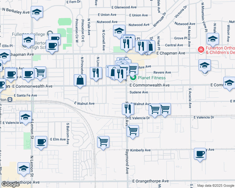 map of restaurants, bars, coffee shops, grocery stores, and more near 1123 Sudene Avenue in Fullerton
