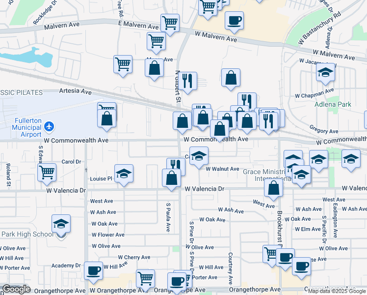 map of restaurants, bars, coffee shops, grocery stores, and more near in Fullerton