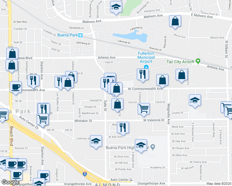 map of restaurants, bars, coffee shops, grocery stores, and more near 4301 West Commonwealth Avenue in Fullerton