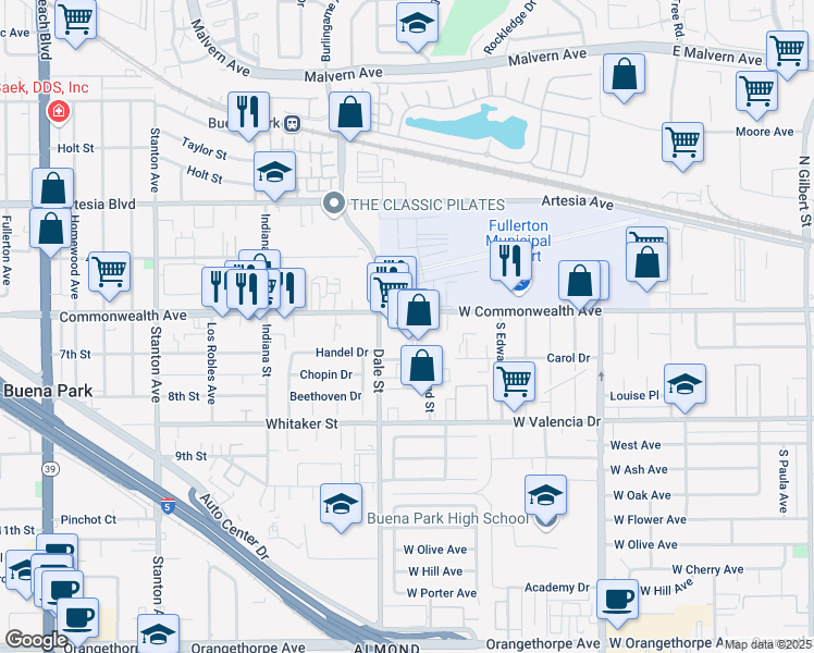 map of restaurants, bars, coffee shops, grocery stores, and more near 4301 West Commonwealth Avenue in Fullerton