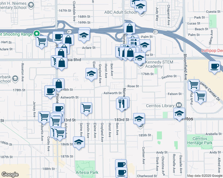 map of restaurants, bars, coffee shops, grocery stores, and more near 17721 Norwalk Boulevard in Artesia