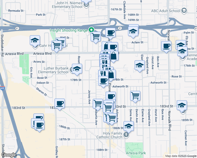 map of restaurants, bars, coffee shops, grocery stores, and more near 17710 Alburtis Avenue in Artesia