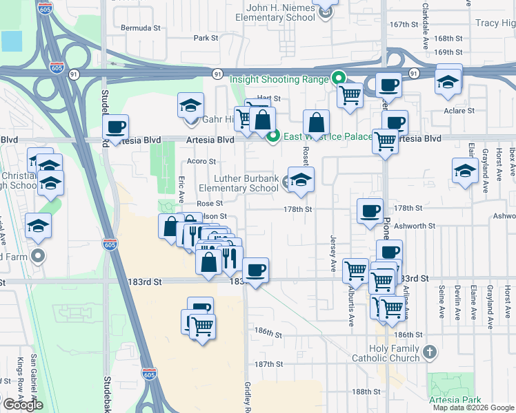 map of restaurants, bars, coffee shops, grocery stores, and more near 11408 177th Street in Artesia