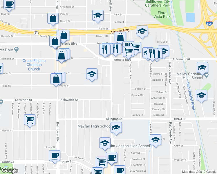 map of restaurants, bars, coffee shops, grocery stores, and more near 17819 Woodruff Avenue in Bellflower