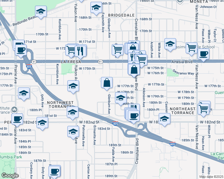map of restaurants, bars, coffee shops, grocery stores, and more near 17701 Falda Avenue in Torrance