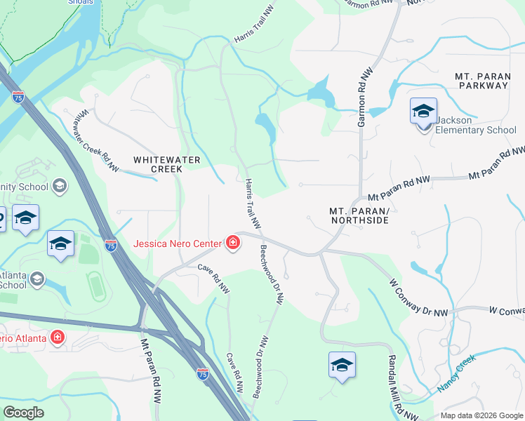 map of restaurants, bars, coffee shops, grocery stores, and more near 4181 Harris Trail Northwest in Atlanta