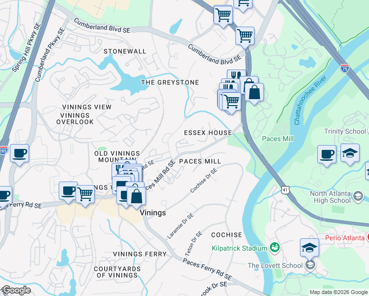 map of restaurants, bars, coffee shops, grocery stores, and more near 20 Pointe Terrace Southeast in Atlanta