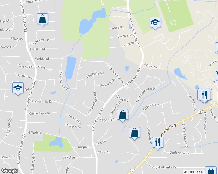 map of restaurants, bars, coffee shops, grocery stores, and more near 4463 Debracy Pl in Tucker
