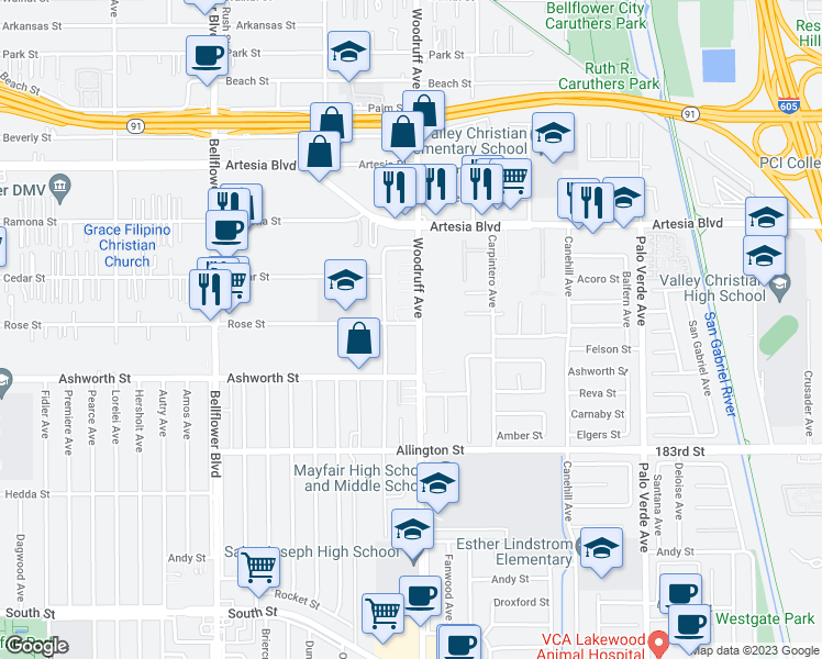 map of restaurants, bars, coffee shops, grocery stores, and more near 17903 Woodruff Avenue in Bellflower