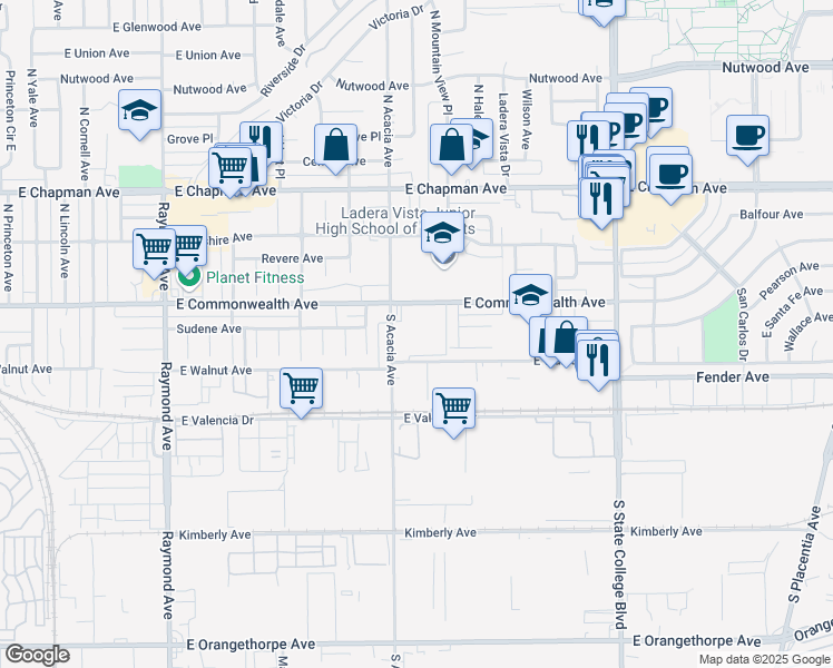 map of restaurants, bars, coffee shops, grocery stores, and more near 1732 East Commonwealth Avenue in Fullerton