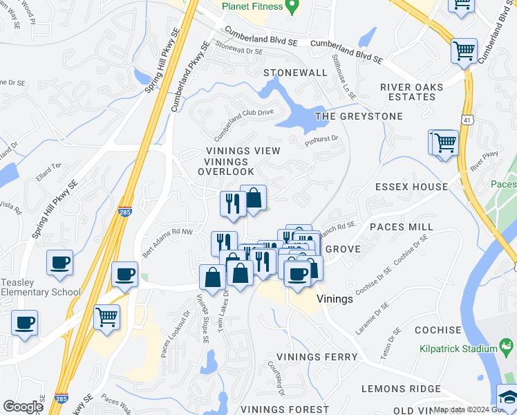 map of restaurants, bars, coffee shops, grocery stores, and more near 3005 Seven Pines Lane in Atlanta