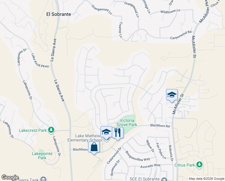 map of restaurants, bars, coffee shops, grocery stores, and more near 12342 Brianwood Drive in Riverside