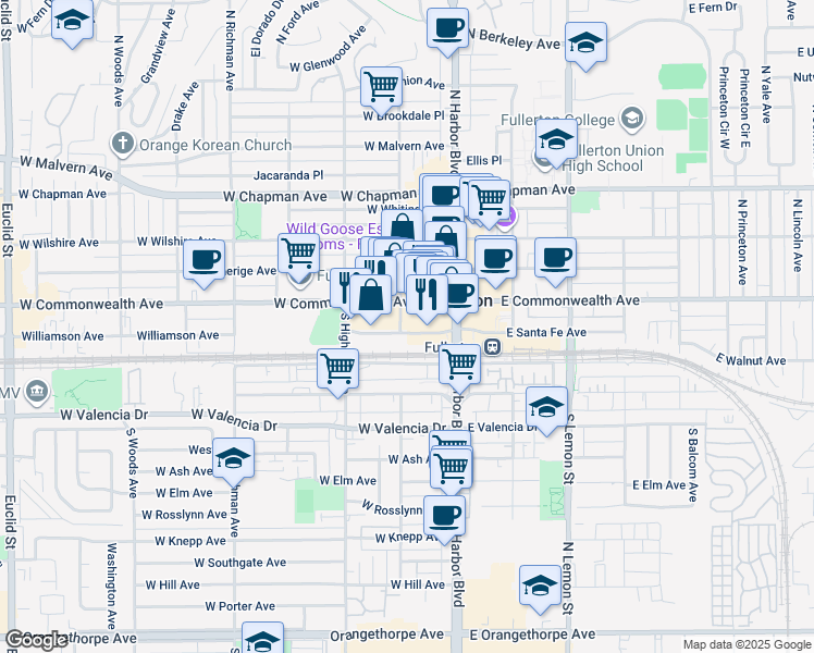 map of restaurants, bars, coffee shops, grocery stores, and more near 200 West Commonwealth Avenue in Fullerton