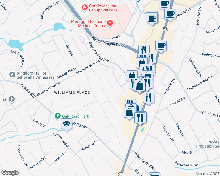 map of restaurants, bars, coffee shops, grocery stores, and more near 1925 Pennistone Way in Snellville