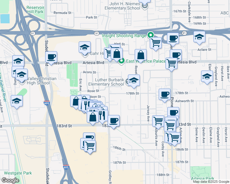 map of restaurants, bars, coffee shops, grocery stores, and more near 11425 178th Street in Artesia