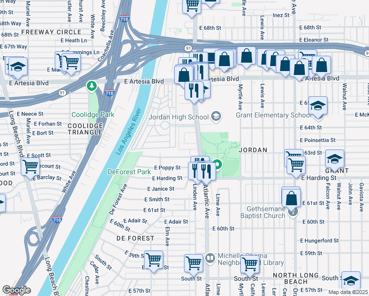 map of restaurants, bars, coffee shops, grocery stores, and more near 535 East Adams Street in Long Beach