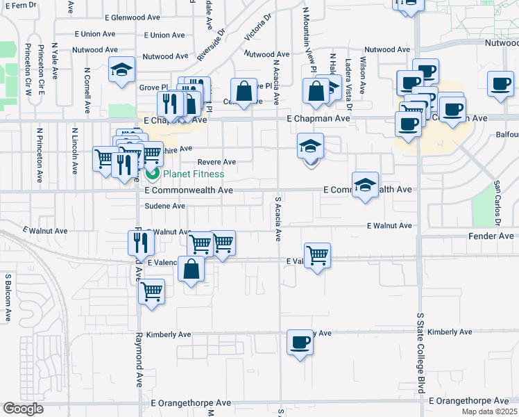 map of restaurants, bars, coffee shops, grocery stores, and more near 201 South Harrington Drive in Fullerton