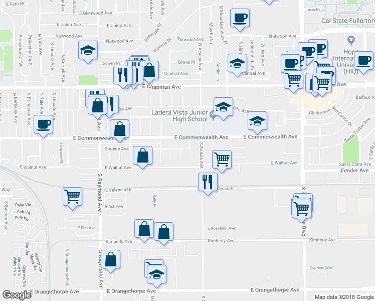 map of restaurants, bars, coffee shops, grocery stores, and more near 201 South Harrington Drive in Fullerton